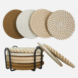 Woven Cotton Coasters with Metal Holder, Set of 8, Round,4 Colors Absorbent Coaster Set for Home Decor Tabletop Protection Suitable for Kinds of Cups (Brown Series)