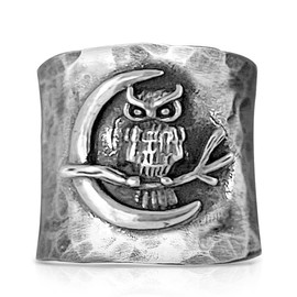 SWBRJ Crescent Moon Owl Wide Band Chunky Ring for Women,Retro Vintage S925 Sterling Silver Sugar Punk Ring,Thumb Index Finger Biker Gothic Ring Jewelry (Ring_A, 8)