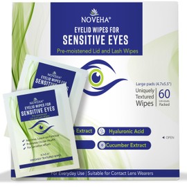 NOVEHA Eyelid Wipes - For Delicate Lashes and Eyelids - With Hyaluronic Acid, Chamomile, and Aloe Vera - Individually Wrapped Pre-moistened Pads (60 Wipes)