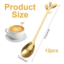 Pack of 12 Stainless Steel Leaf-shaped Golden Spoons, 12 cm Stainless Steel Dessert Spoon, Gold Mini Latte Spoon, Small Branch Design Ice Cream Spoon Set, Used for Milk, Coffee, Dessert and Drinks
