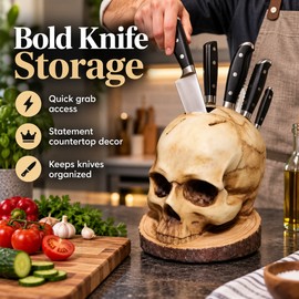 Skull Knife Holder for Kitchen Storage – Horror Head Organizer for Countertop & Halloween Party Decor