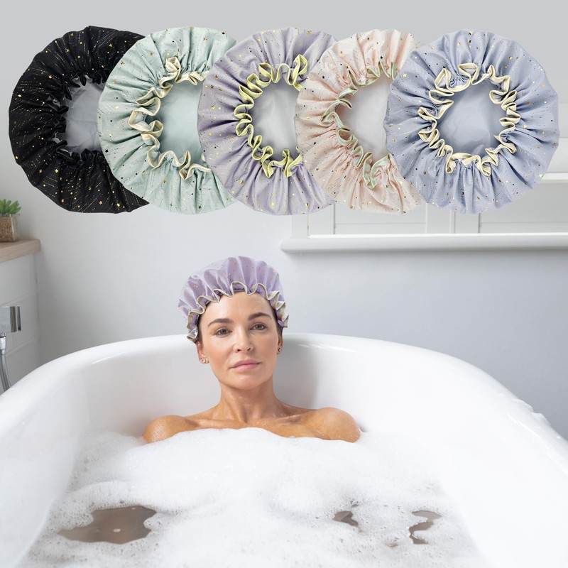 2 Pack Shower Caps, Elastic and Reusable Bonnet, Double Waterproof