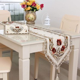 LeLehome Classic Flowers Embroidered Lace Table Runner 15" X 69" Long Satin Floral Washable Fabric Dresser Table Top Decoration Tapestry, Rufous Flower