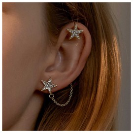 Allereya Vintage Rhinestone Star Ear Cuff Earrings Crystal Star Chain Stud Earring Sparkly Star Ear Wrap Earrings Gold CZ Star Ear Climber Earrings Jewelry for Women and Girls