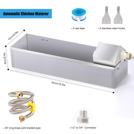 Automatic Chicken Waterer Feeder 1 Gallon Large Stainless Metal Poultry Waterer Dispenser Hanging Chicken Watering System with Float Valve Hose Kit for Pigeon Duck Goose Turkeys for Chicken Coop