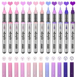 ZZWUAPT Purple Pink Acrylic Paint Pens,12 Color Paint Pens Markers,Brush Tip Paint Pens for Rock Painting Wood Glass Ceramic Canvas Stone DIY Crafts Making Art Supplies