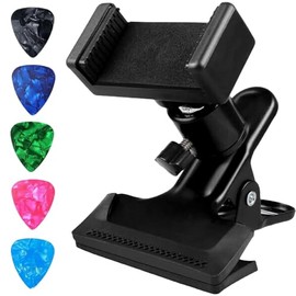 Guitar Phone Holder Mount with 5 Guitar Picks Set, Sturdy Ukulele or Guitar Phone Clip Mount - Perfect Guitar Accessories and Gifts for Guitarists, Universal Phone Holder for Guitar & Ukulele