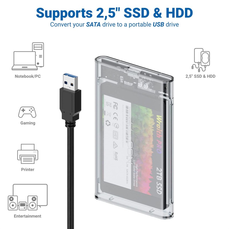 deleyCON SSD Hard Drive Enclosure USB-A 5Gbps 2.5 Inch Transparent