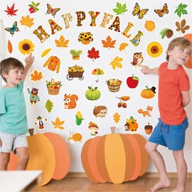 80 Pcs Happy Fall Cutouts for Bulletin Board Decor Set with Border - Fall Thanksgiving Paper Cut-Outs Autumn Themed Maple Leaves Pumpkin Wall Decals for Kids Teacher Supplies Classroom School