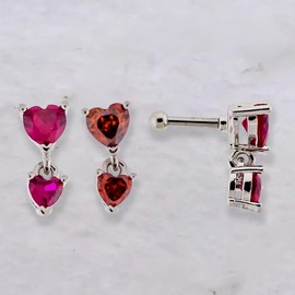 Pierced Owl 16GA 316L Stainless Steel CZ Crystal Double Dangling Heart Barbell Stud (Red)