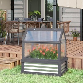 Outsunny Raised Garden Bed with Polycarbonate Greenhouse, Wooden Cold Frame Greenhouse, Garden Flower Planter Protection, Peak Roof, 35.5" x 22.5" x 38.25", Gray