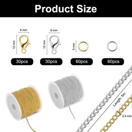 Carreneu 2 Rolls 5 m Link Chain Gold Link Chain Silver, Stainless Steel Chain Sold by the Metre with Lobster Clasp and Jump Rings, Chains Crafts for DIY Link Chain with Pliers Tweezers (Gold, Silver)