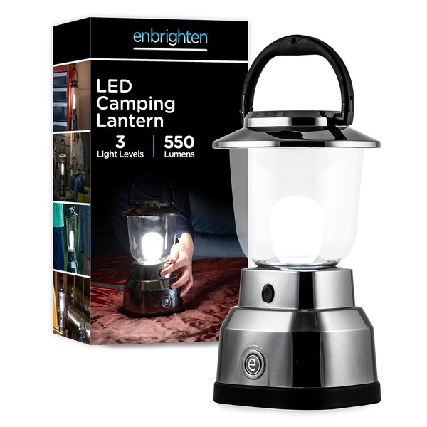 Enbrighten Brushed Nickel LED Camping Lantern, Battery Powered, 550 Lumens,