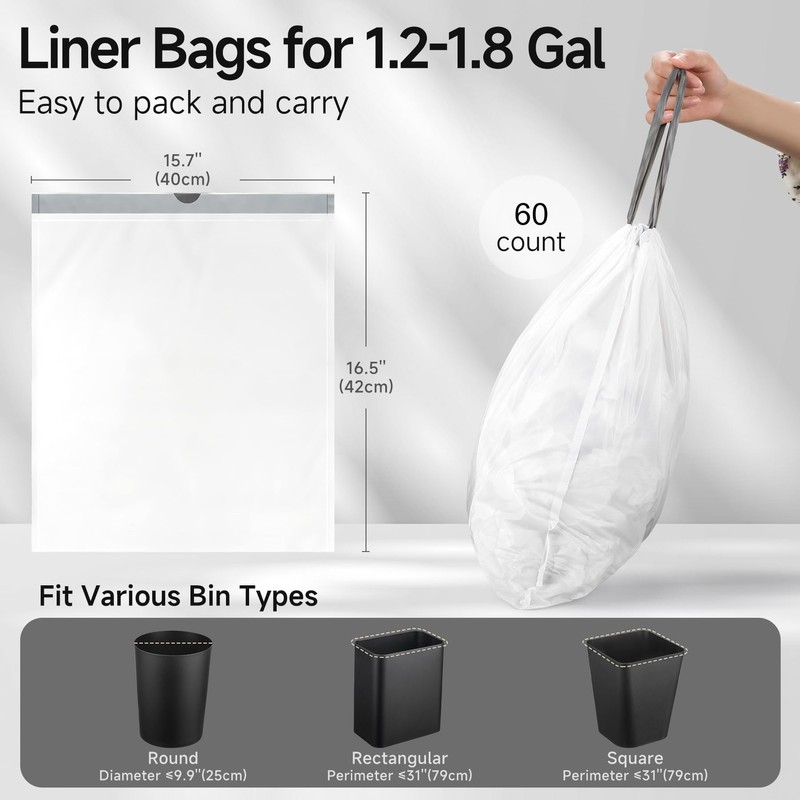 TIPGO Drawstring Trash Bags 60 Count, Pre-Cut 1.6 Gallon Small