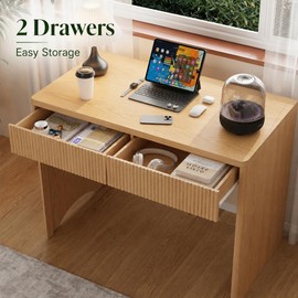 40 Inch Fluted Desk with 2 Drawers, Modern Wooden Desk for Home Office & Study, Compact Computer Desk with Drawers for Small Spaces, Bedroom & Living Room (Light Wood)