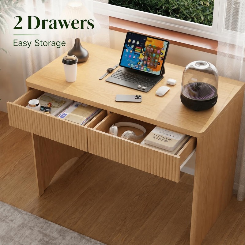 40 Inch Fluted Desk with 2 Drawers, Modern Wooden Desk