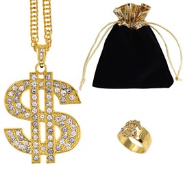 Hip Hop Costume Dollar Sign Necklace Ring Set,80s/90s Rapper Fake Gold Chain Costumes for Boys Girls Adult Men Women Dollar Medallion String Cord Birthday Party Favor, One Size