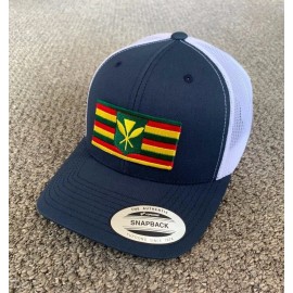 Yupoong Hawaii Kanaka Maoli Original Flag SnapBack Trucker Mesh Cap Handmade in America - Camo/Black Mesh