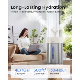 Feekaa Stainless Steel Humidifier, 4L/1Gal Cool Mist Humidifiers for Bedroom up to 500 sq ft, Easy Clean Dishwasher Safe Humidifiers for Baby, Humidifier Large Room Nursery Living Room Office, White