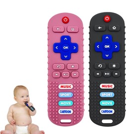 SOLIFEGOBLE Paquete de 2 mordedores para bebés, mordedor remoto de silicona para bebés, juguetes remotos de TV para bebés, juguetes masticables para bebés (negro + rosa)