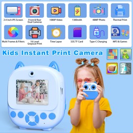 Kids Camera Instant Print, 1080P HD Video 48MP Photo Digital Instant Camera for Kids, Selfie Toddler Cameras Instant Print with 32G Card, Christams Birthday Gifts for 8 9 10 Year Old Girls Boys, Blue