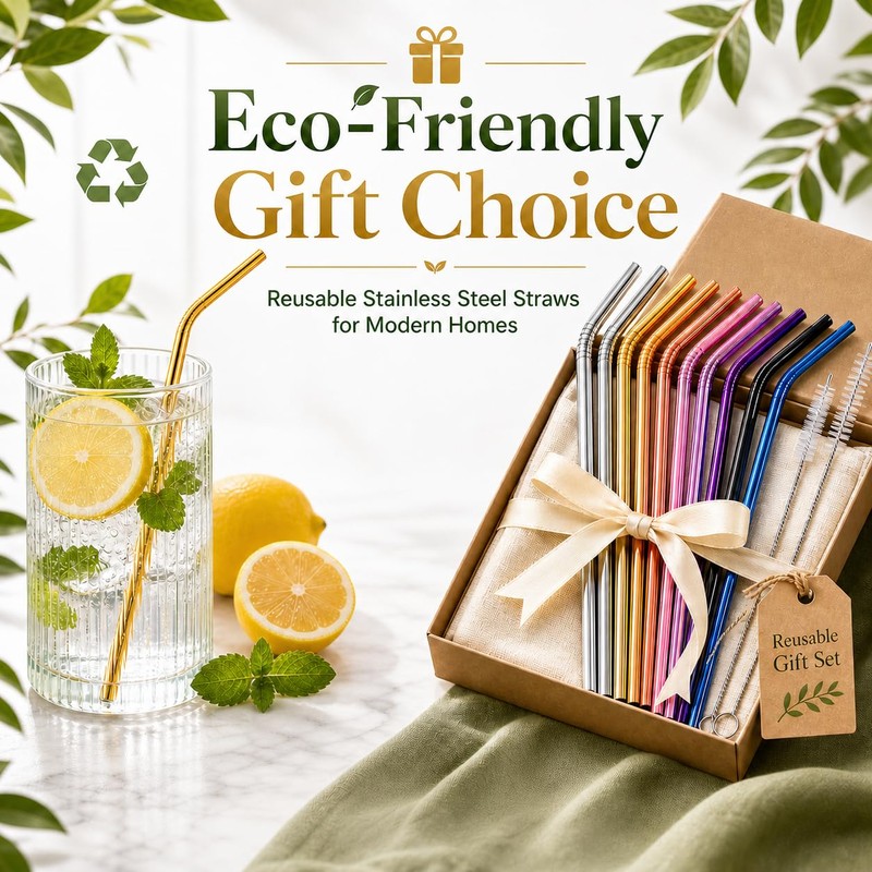 Bamily 12 Pcs Reusable Metal Straws, Curved Stainless Steel Straws