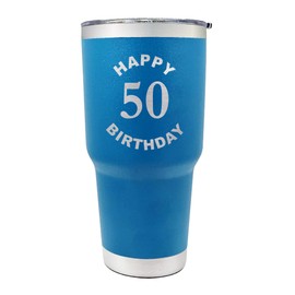 Palm City Products Engraved Happy 50th Birthday Tumbler - 30 oz Insulated Stainless Steel Cup - Double Wall Vacuum Sealed Travel Mug - Spill-Proof Lid - Perfect Milestone Gift