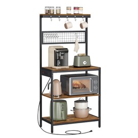 VASAGLE Bakers Rack with Charging Station, 31.5 Inches Coffee Bar Stand with Adjustable Storage Shelf, Grid Panel, 12 Hooks, Table for Microwave, Kitchen, Rustic Brown and Ink Black UKKS016K01