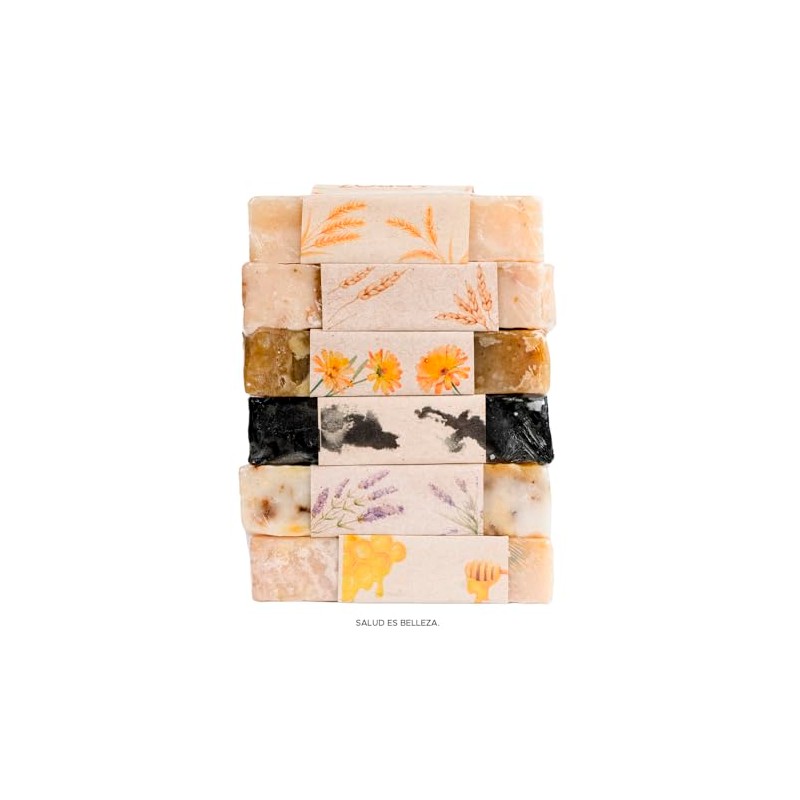 PACALLI Jabones Artesanales 6 Pack; Arroz, Avena, Caléndula, Carbón Activado,