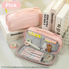 BOZIEE Pencil Case 3 Compartments Large Capacity Pencil Case Pencil Case with Carry Handle for School, Office, Teenagers, Adults, pink, pencil case