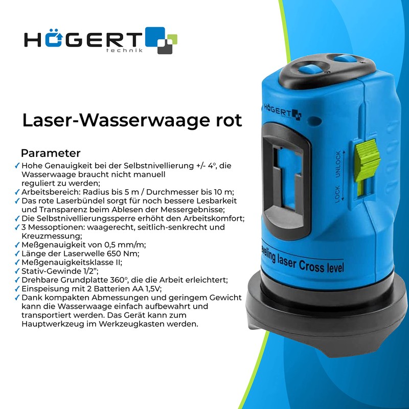 Högert Technik Professionelle, selbstnivellierende Laser-Wasserwaage, Arbeitsbereich: Radius bis 5 m