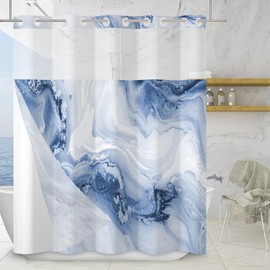 TYLCLTX No Hook Shower Curtain with Snap in Liner Blue Marble Modern Crack Ink Texture Double Layers Shower Curtain Waterproof Fabric See-Through Top Window Bathroom Decorative 71x74inch