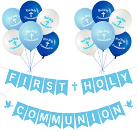 Elicola First Communion Decorations Including Blue First Holy Communion Banner 18 PCS Balloons for Boys First Holy Communion Party