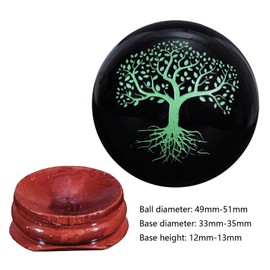 KYEYGWO Natural Black Obsidian Crystal Ball with Wooden Stand Tree of Life Feng Shui Round Sphere Figurine for Home Office Decor, Green