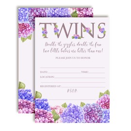 Blue and Purple Hydrangea Watercolor Floral Baby Sprinkle Baby Shower Invitations for Twins, 20 5"x7" Fill in Cards with Twenty White Envelopes by AmandaCreation