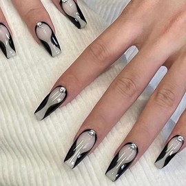 ANDGING Black Press on Nails Coffin Medium Fake Nails with White Curved Line Rhinestone Design Glue on Nails for Women Girls Acrylic False Nails with Glue Gel Stick on Nails for Wedding Birthday 24Pc