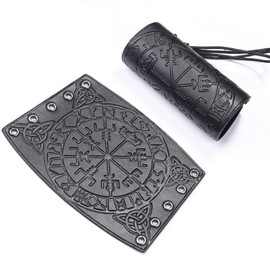 Leather Bracers,Viking Vegvisir Embossed Arm Bracers Leather Armor Cuff Gauntlet Wristband Viking Costume for LARP Archery (Black)