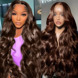 KAITHLYPO 13x6 32 Inch Chocolate Brown Lace Front Wig 200 Density Body Wave Brown Wig Human Hair Pre Plucked With Baby Hair Colored Body Wave Human Hair Wigs for Women