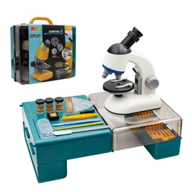 Science Microscope Kits for Kids 100X-1200X with Foldable Table Portable Carrying Box Slides LED Light STEM Educational Experiments Beginner Toys Kits for Students Lab 6+ (White)