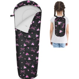 FIOBEE Kids Sleeping Bag for Girls Boys 3 Season Warm & Cool Weather 41℉ - 60.8℉ Camping Sleeping Bags with Backpacking Bag for Traveling Hiking Indoor Outdoor Camping Essentials Gear, Black Bow