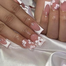White Bow Press on Nails Medium Square French Tip Fake Nails Spring Flower False Nails with Silver Glitter Design Nude Full Cover Artificial Glue on Nails Cute False Nails Stick on Nails for Women DIY