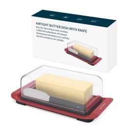 KITCHENDAO Airtight Butter Dish with Lid and Knife, Plastic Butter Holder for Countertop and Refrigerator, Keep Butter Fresh-Easy Scoop-Dishwasher Safe, Butter Tray for West/ East Coast Butter, Red