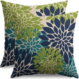 Smozenith Navy Blue Green Teal Pillow Covers 20X20 Inch Set of 2, Modern Geometry Dahlia Floral Print Decorative Throw Pillow Covers Outdoor Farmhouse Cushion Case for Home Couch Sofa Bed Decoration