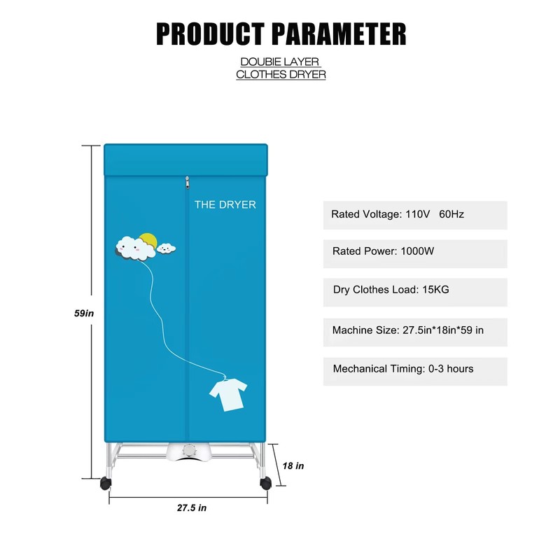 XIAQING Portable Dryer, 110V 1000W Electric Clothes Dryer Machine, Double