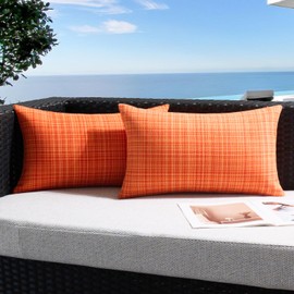UGASA Outdoor Waterproof Throw Pillow Covers Pack of 2 Patio Water Resistant Pillow Cases Summer Woven Texture Decorative for Outside Garden Porch Yard Bench Tent 12x20 Inch, Orange