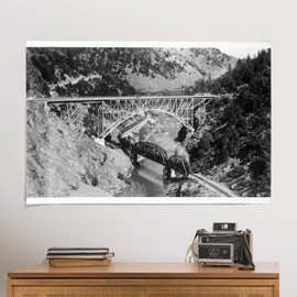 Lantern Press 24x36 Inch Giclee Print, Pulga, California, Aerial of Train on Bridge over Feather River Canyon