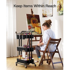 Pipishell 3-Tier Rolling Cart with Wheels, Rolling Storage Cart with 3 Hanging Cups & 4 Hooks, Mobile Utility Cart, Art Cart Organizer, Craft Cart for Office, Kitchen, Craft Room, Black, PIUC06B