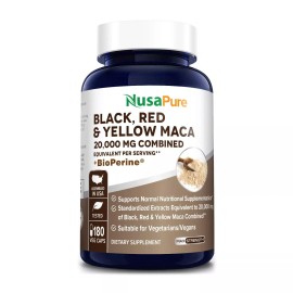 NusaPure Maca Root Black, Red, Yellow 20,000mg - 180 Vegan Capsules Non-GMO