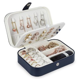 Jewelry Box, PU Leather Small Jewelry Organizer for Women Girls,Travel Jewelry Case Display Storage Holder Boxes for Stud Earrings, Rings, Necklaces, Bracelets (Dark Blue)