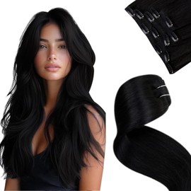 Hetto Human Hair Extensions Clip in Black Clip in Extensions Human Hair Clip on Remy 12 Inch 5pcs 80g #1